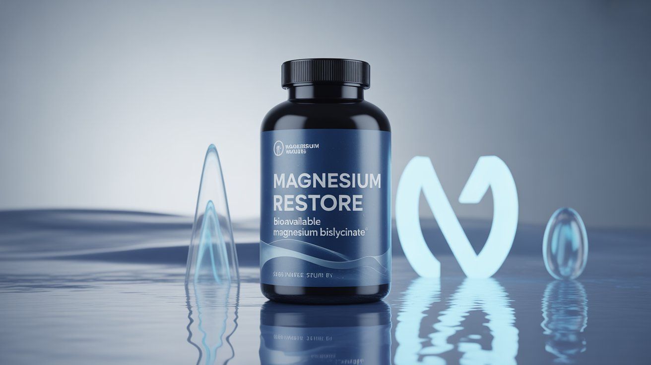 “3D realistic image of Magnesium Restore supplement bottle featuring magnesium bisglycinate formula for relaxation, energy, and wellness.”
