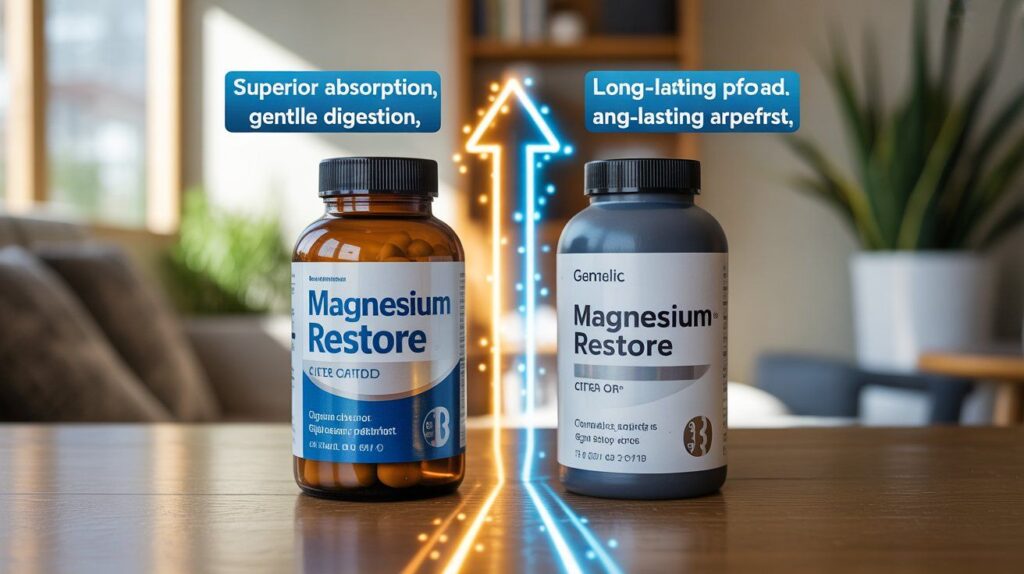 “Comparison showing Magnesium Restore vs other magnesium supplements, highlighting better absorption, gentle digestion, and lasting wellness benefits.”