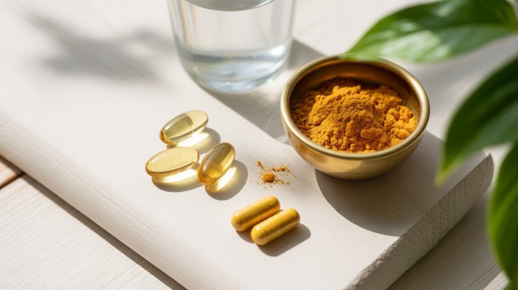 Magnesium, Vitamin D, and Turmeric supplements displayed together on a clean surface — showing capsules, turmeric powder, and tablets — representing their synergistic benefits for bone strength, immunity, and inflammation balance.