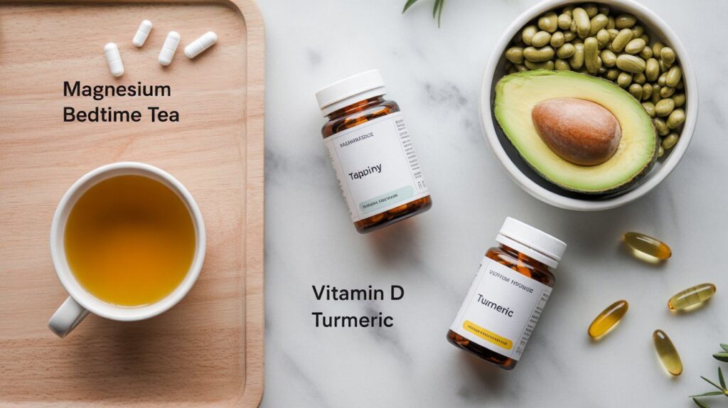 Visual representation of dosage and timing for Magnesium, Vitamin D, and Turmeric — showing evening magnesium tablets and daytime vitamin D and turmeric supplements with food for optimal absorption.