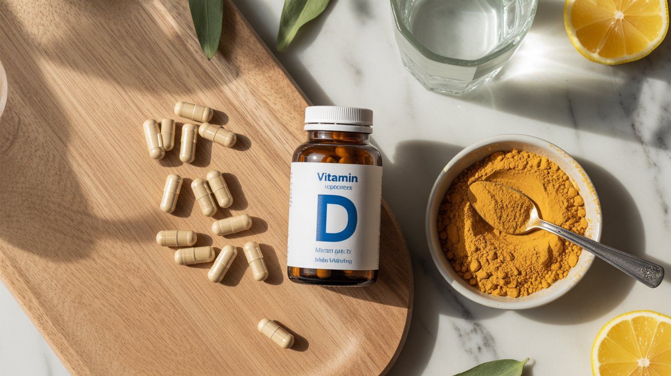 Magnesium, Vitamin D, and Turmeric supplements displayed together — magnesium tablets, vitamin D softgels, and golden turmeric powder — symbolizing their combined health benefits for bone strength, immunity, and inflammation balance.
