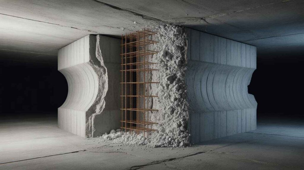 "3D realistic image showing how Magnesium chloride affects concrete, highlighting porosity, M-S-H formation, corrosion of steel reinforcement, cracks, and surface scaling."