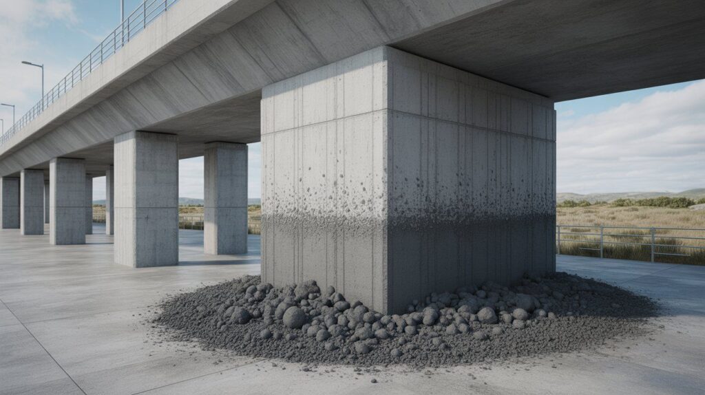 "3D realistic image showing mitigation strategies for Magnesium chloride and concrete, including SCMs, air-entrainment, surface sealers, corrosion inhibitors, and inspection to protect durability."