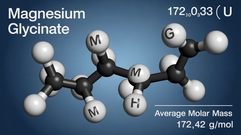 "Magnesium glycinate molar mass: comparison of monoisotopic mass 172.033 u and average mass 172.42 g/mol with 3D molecular structure."