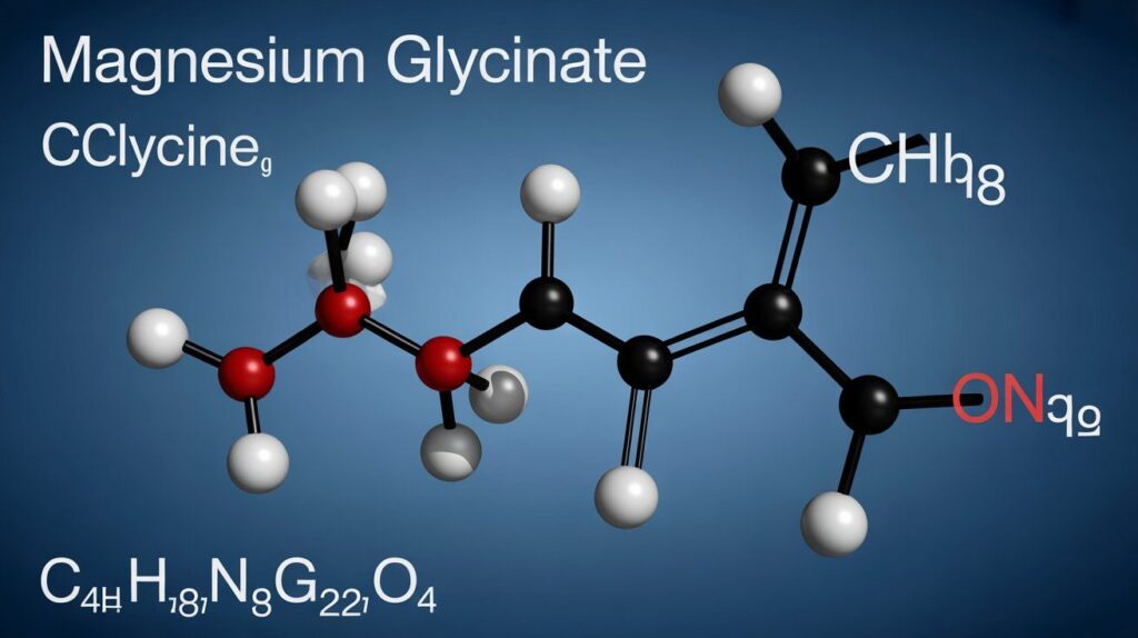 "Magnesium glycinate molar mass: 3D schematic showing magnesium ion bound to two glycine molecules, chemical formula C₄H₈MgN₂O₄."