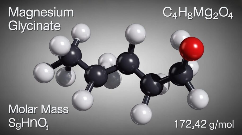 "3D realistic molecular structure of magnesium glycinate showing magnesium ion chelated with two glycine molecules, labeled with molecular formula C₄H₈MgN₂O₄ and molar mass 172.42 g/mol."