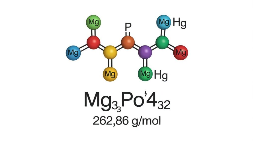 "Molecular structure diagram of magnesium phosphate (Mg₃(PO₄)₂) with formula and molar mass 262.86 g/mol for chemistry learning."