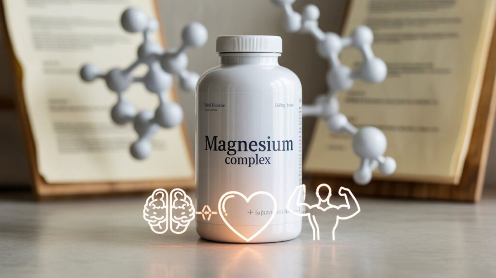 "Scientific illustration of Ortho Molecular Magnesium with icons for brain, heart, and muscle health, representing clinical research evidence."