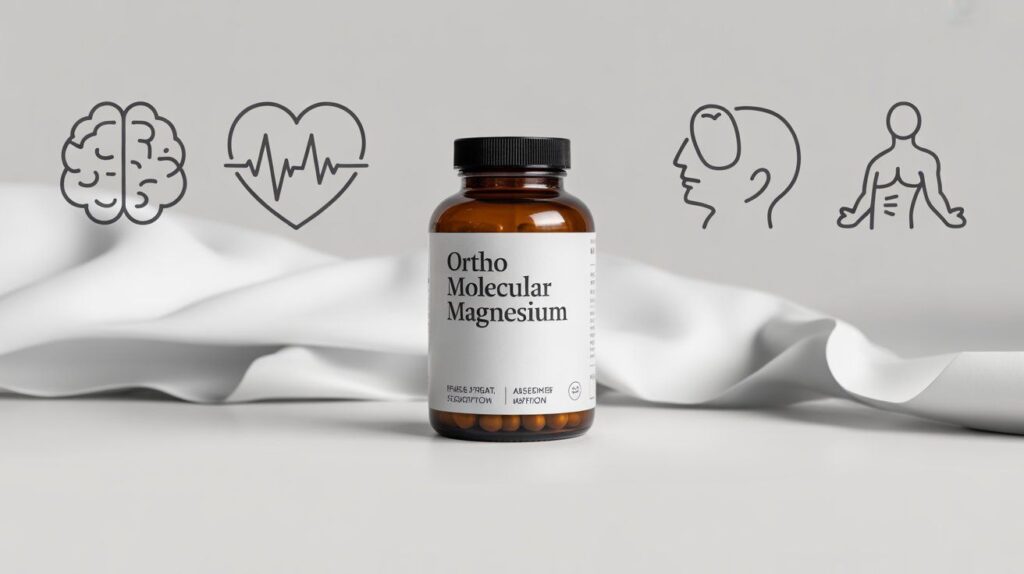 "Ortho Molecular Magnesium supplement bottle with clean design, highlighting benefits for sleep, cognition, heart, and muscle health."