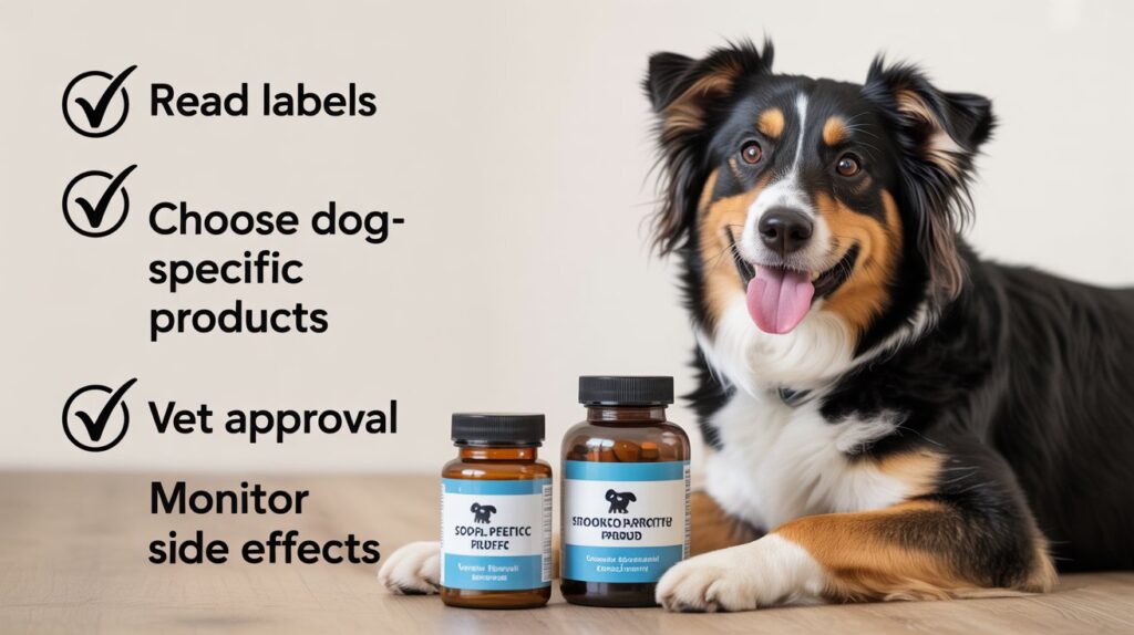 "Infographic with tips for dog owners on magnesium stearate safety: read labels, choose dog-specific products, avoid human supplements, and consult a vet if needed."