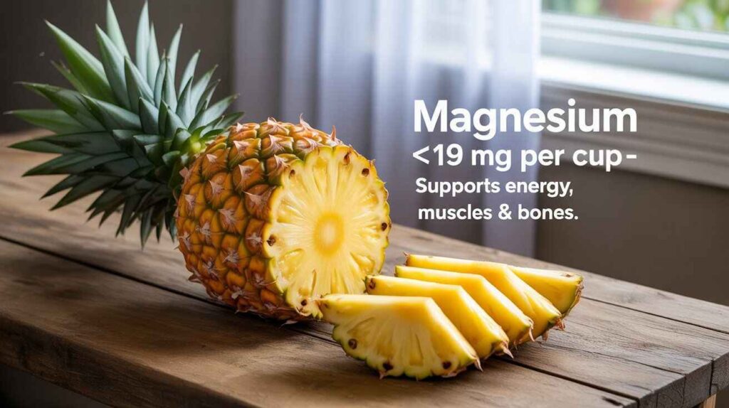 Realistic pineapple with slices, displaying its magnesium content and health benefits for energy, muscles, and bones.