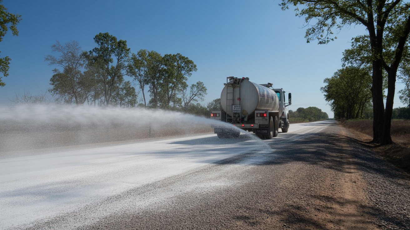 Magnesium chloride road dust control treatment with tanker truck spraying magnesium chloride solution on gravel road to reduce dust and improve road stability.