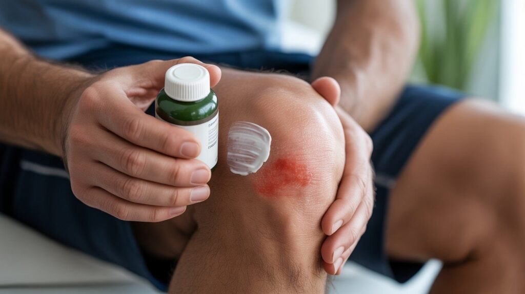 "Realistic image of a person applying magnesium ointment on a sore knee with slight skin irritation, showing possible side effects."