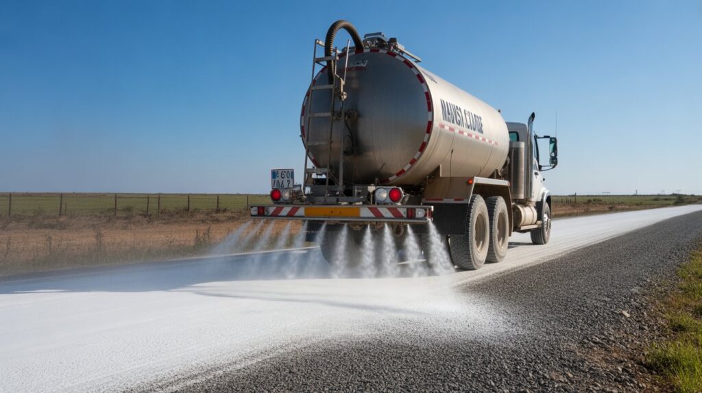 Magnesium chloride road dust control on unpaved gravel roads using tanker truck spraying magnesium chloride solution to reduce dust and stabilize the surface.