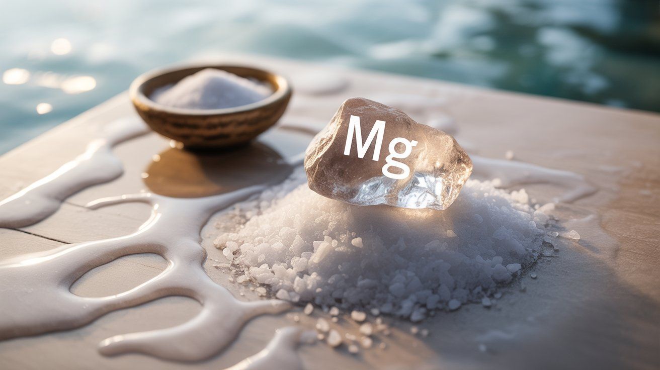 Natural sea salt crystals rich in magnesium minerals promoting hydration, muscle relaxation, and electrolyte balance.