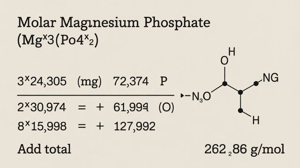 "Step-by-step molar mass calculation of magnesium phosphate (Mg₃(PO₄)₂) showing atomic weight breakdown and final total of 262.86 g/mol."