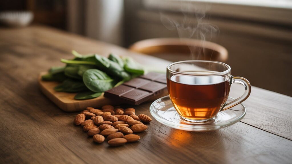 "Realistic image of a cup of tea with magnesium-rich foods such as almonds, spinach, and dark chocolate, highlighting the link between tea and magnesium."