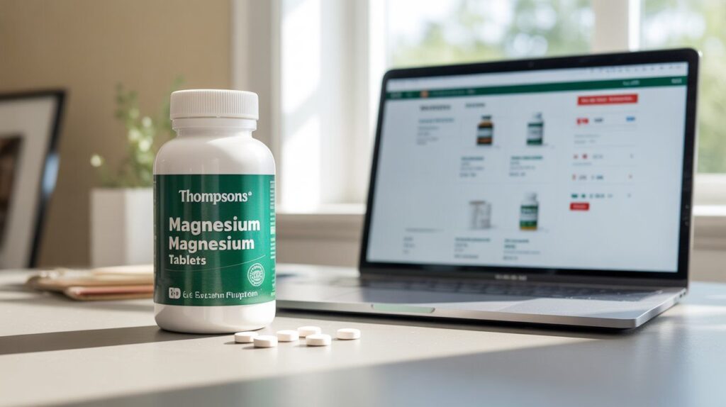 “Thompsons Magnesium bottle beside a laptop showing an online store, symbolizing safe and reliable online purchase of premium magnesium supplements.”