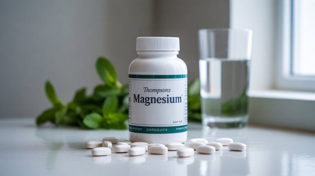 “Thompsons Magnesium bottle and tablets on a clean surface with natural lighting, representing muscle, energy, and heart health support.”