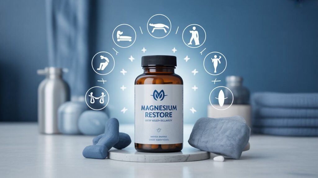 “3D realistic image of Magnesium Restore bottle highlighting benefits like better sleep, stress reduction, muscle recovery, and calm energy.”