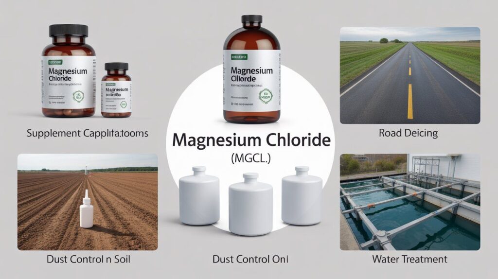 “Infographic showing the diverse uses of magnesium chloride (MgCl₂) in supplements, topical products, deicing, dust control, water treatment, and agriculture.”