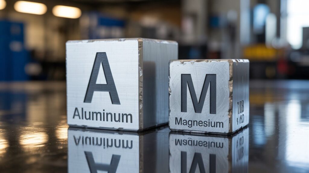 Realistic image comparing aluminum and magnesium metal blocks side by side, showing what is lighter aluminum or magnesium in engineering design.