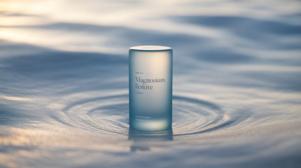“3D realistic image of Magnesium Restore bottle representing a premium magnesium bisglycinate supplement that supports relaxation, energy, and better sleep.”