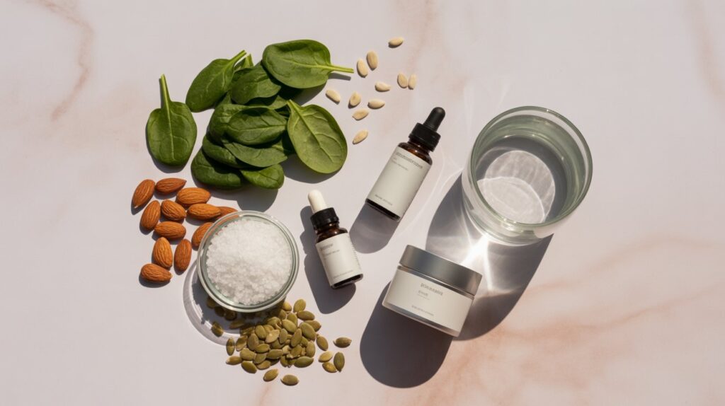 A young person with clear, healthy skin surrounded by magnesium-rich foods and skincare products, symbolizing the benefits of magnesium for pimples and acne prevention.