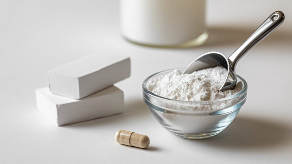 Magnesium carbonate powder (MgCO₃) in a bowl with scoop, gym chalk, and supplements showing its health and fitness applications.