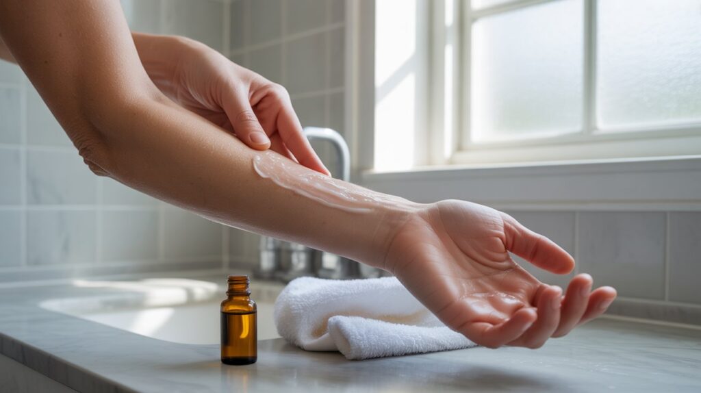 A woman applying magnesium lotion to dry, itchy skin on her arm, highlighting how magnesium helps reduce irritation and restore skin hydration naturally.