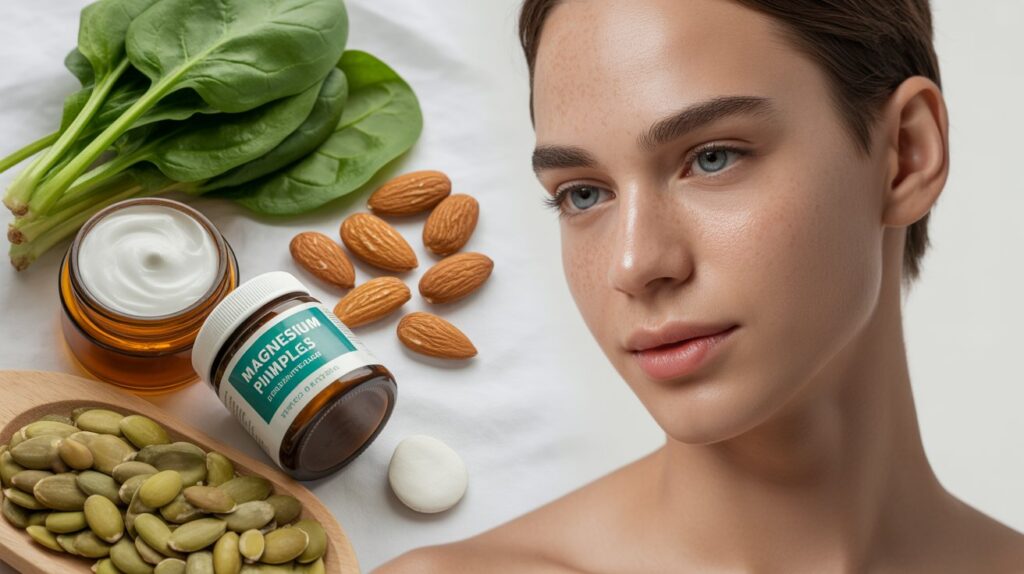 A young person with clear, healthy skin surrounded by magnesium-rich foods and skincare products, symbolizing the benefits of magnesium for pimples and acne prevention.
