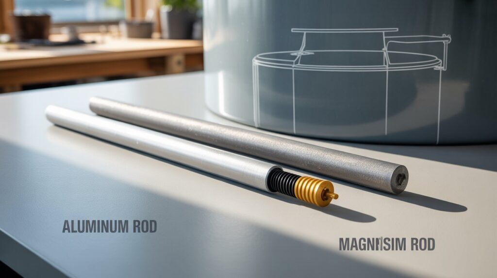 Realistic comparison of aluminum and magnesium anode rods showing size, color, and corrosion differences used for water heater corrosion protection.