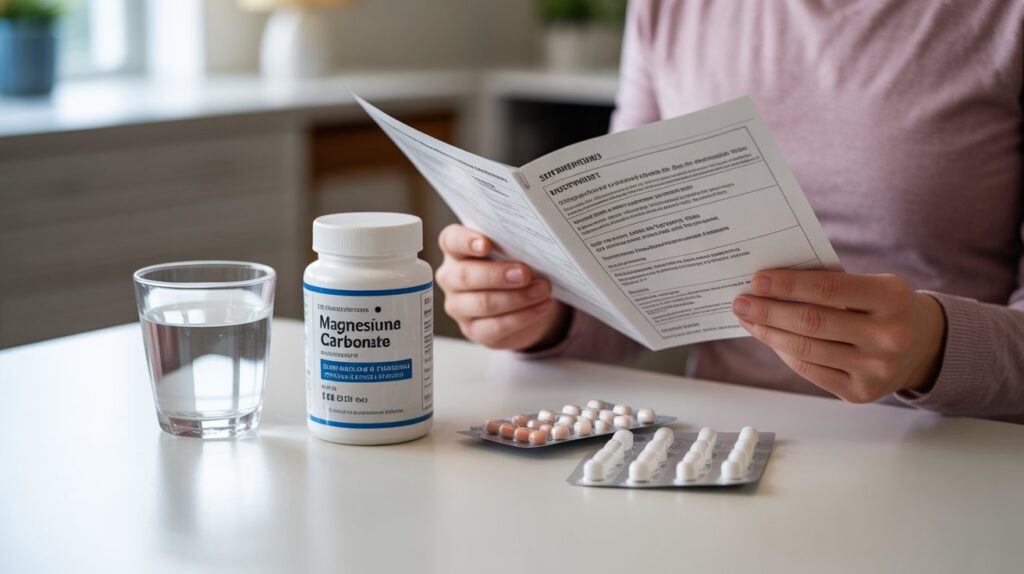 Person reviewing magnesium carbonate powder dosage and medications to avoid side effects and health risks.