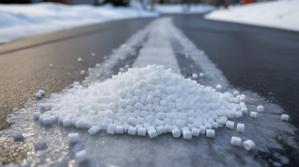 Magnesium chloride pellets melting ice on driveway — eco-friendly, pet-safe de-icer for cold weather protection.