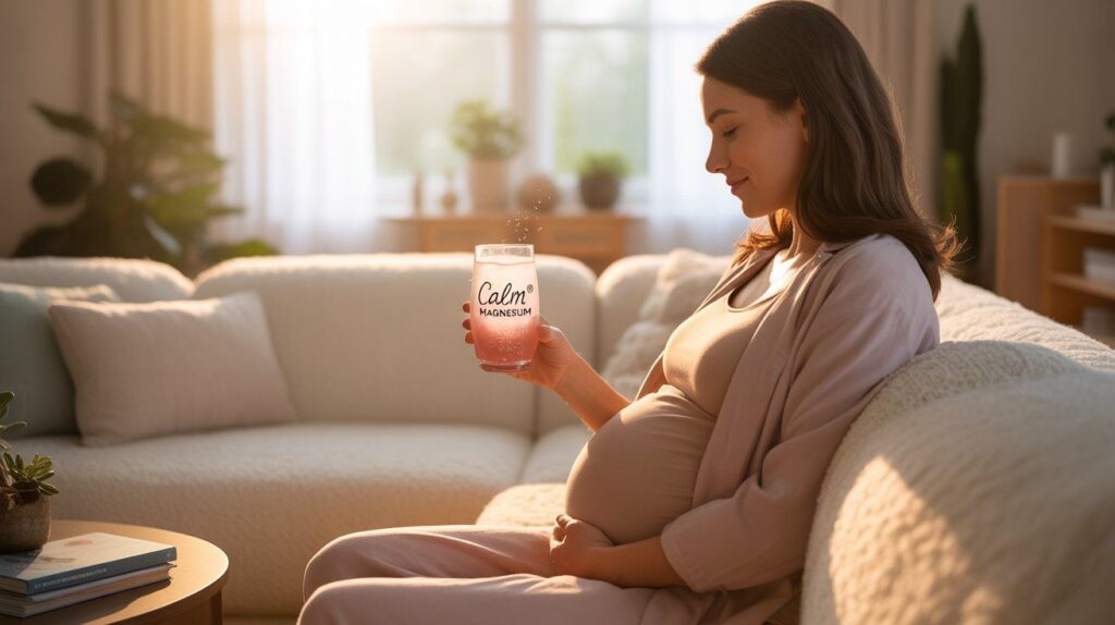 A pregnant woman drinking a glass of fizzy CALM® Magnesium water, illustrating the question — Can you take CALM Magnesium while pregnant — and showing a calm, relaxed mood.