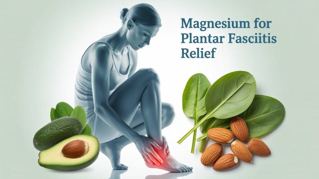 “An educational wellness illustration showing a person with heel pain highlighting the plantar fascia area, surrounded by natural sources of magnesium like spinach, almonds, and avocados. Include a calming color palette with soft blues and greens, and label the image with the text ‘Magnesium for Plantar Fasciitis Relief’. The design should look professional, clean, and health-oriented, visually representing the concept of magnesium for plantar fasciitis recovery and pain relief.”