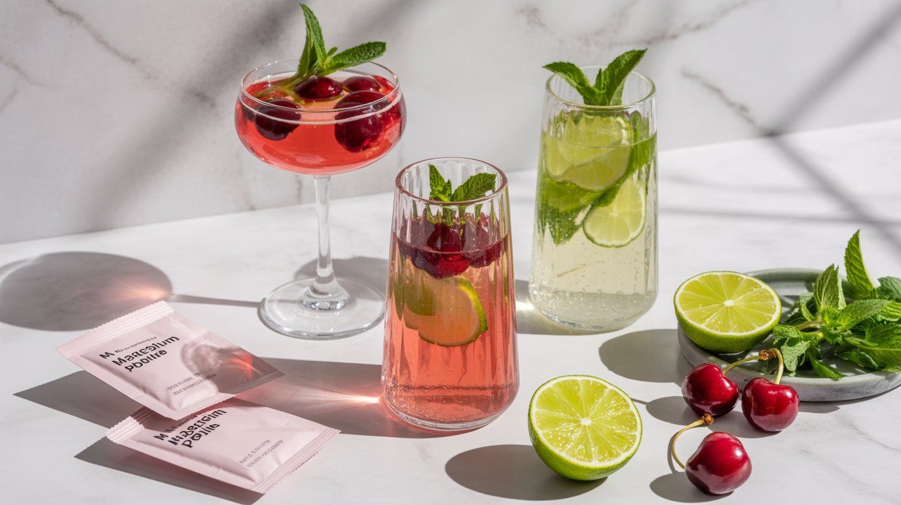 Refreshing magnesium mocktails with tart cherry juice, lime, mint, and magnesium powder served on a marble counter — a relaxing, non-alcoholic wellness drink.