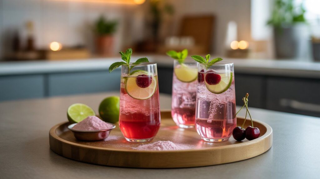 Refreshing magnesium mocktails with tart cherry, lime, and sparkling water served in clear glasses on a tray — a calming, non-alcoholic drink for relaxation and sleep.