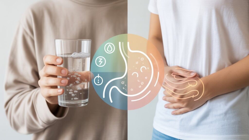 “Balanced concept image showing the benefits and mild digestive side effects of drinking too much magnesium sparkling water.”