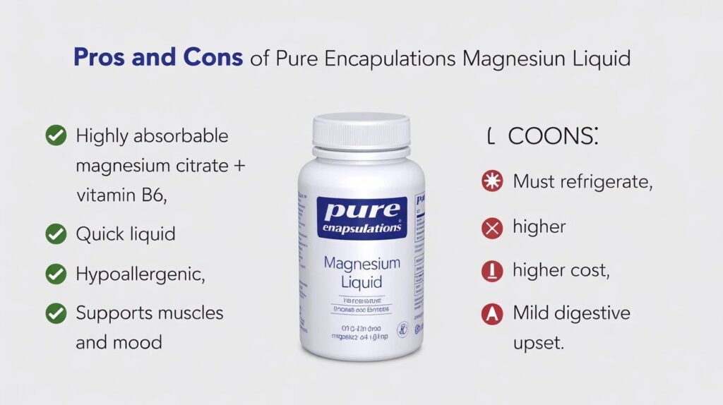 Infographic comparing the pros and cons of Pure Encapsulations Magnesium Liquid, featuring benefits like high absorption and clean ingredients, and minor drawbacks such as refrigeration needs and higher cost.