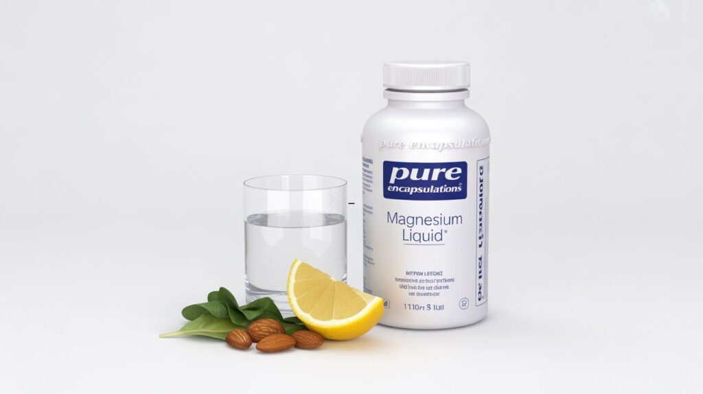 Bottle of Pure Encapsulations Magnesium Liquid displayed beside a glass of water and natural magnesium-rich ingredients, representing clean, professional-grade daily wellness support.