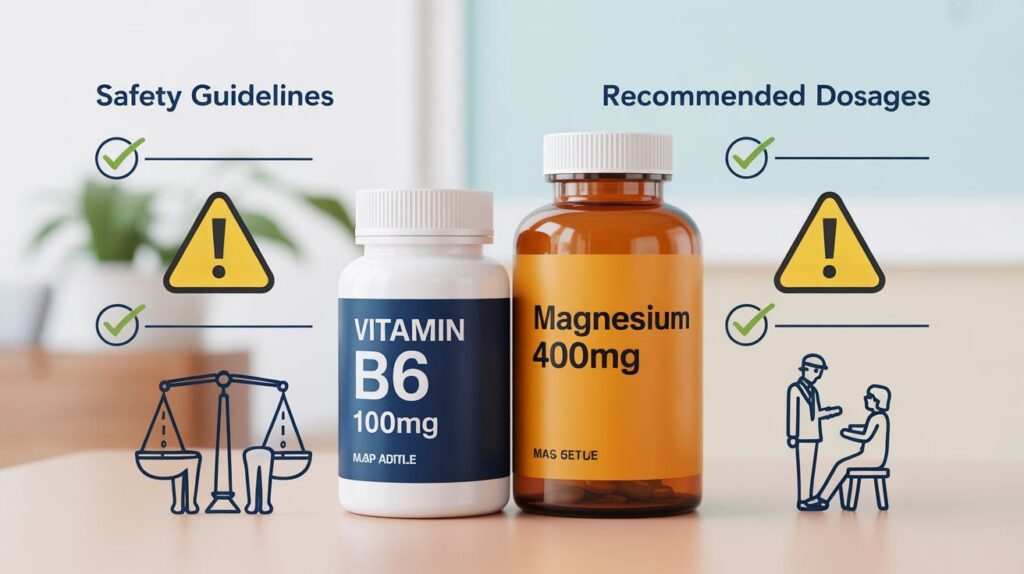 Infographic showing Vitamin B6 and magnesium benefits safety tips, including safe dosage limits, possible side effects, and the importance of consulting a doctor.
