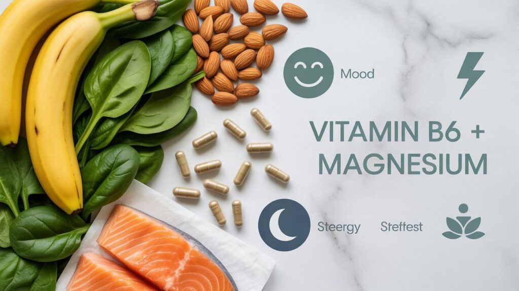 Illustration showing Vitamin B6 and magnesium benefits for mood, energy, sleep, and stress relief, with natural food sources and supplements promoting overall wellness.