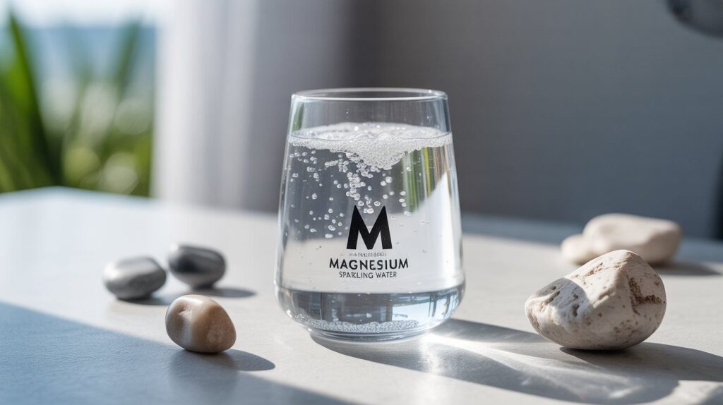 “A glass of magnesium sparkling water with rising bubbles, symbolizing hydration, energy balance, and mineral-rich refreshment.”