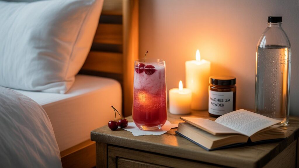 A soothing magnesium mocktail on a bedside table with candlelight — best enjoyed in the evening to promote relaxation, muscle recovery, and better sleep.